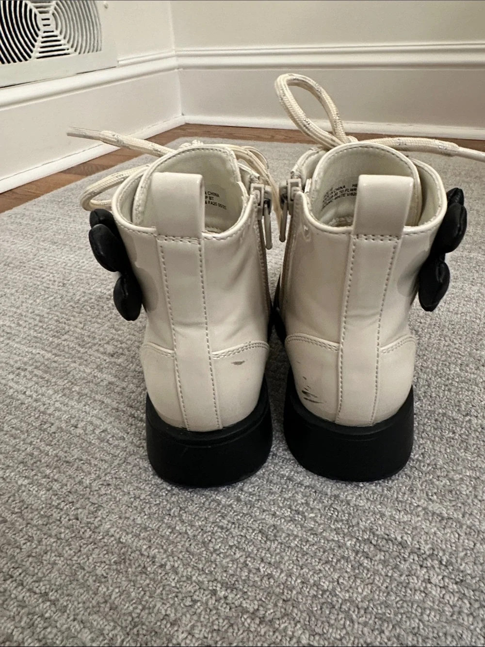 Kids Cream Lace-Up Combat Boots with Black Flower Accent